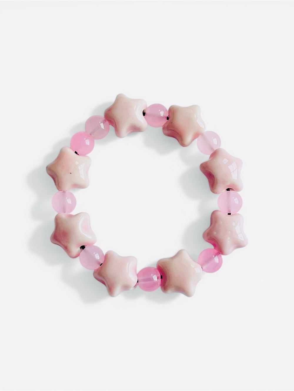 Pink Star Bracelet Puffy Ceramic Boho Beads Stretchy 6-7.2 inches